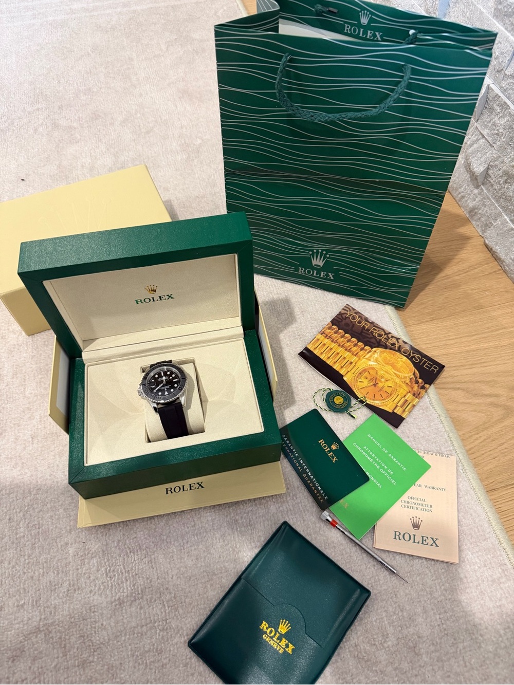 Rolex Black Dial Watch with Black Strap and Green Box Set